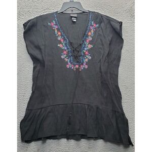 Cover2Cover Boho Top Womens M Black Embroidered Floral Oversized Lace Up Neck